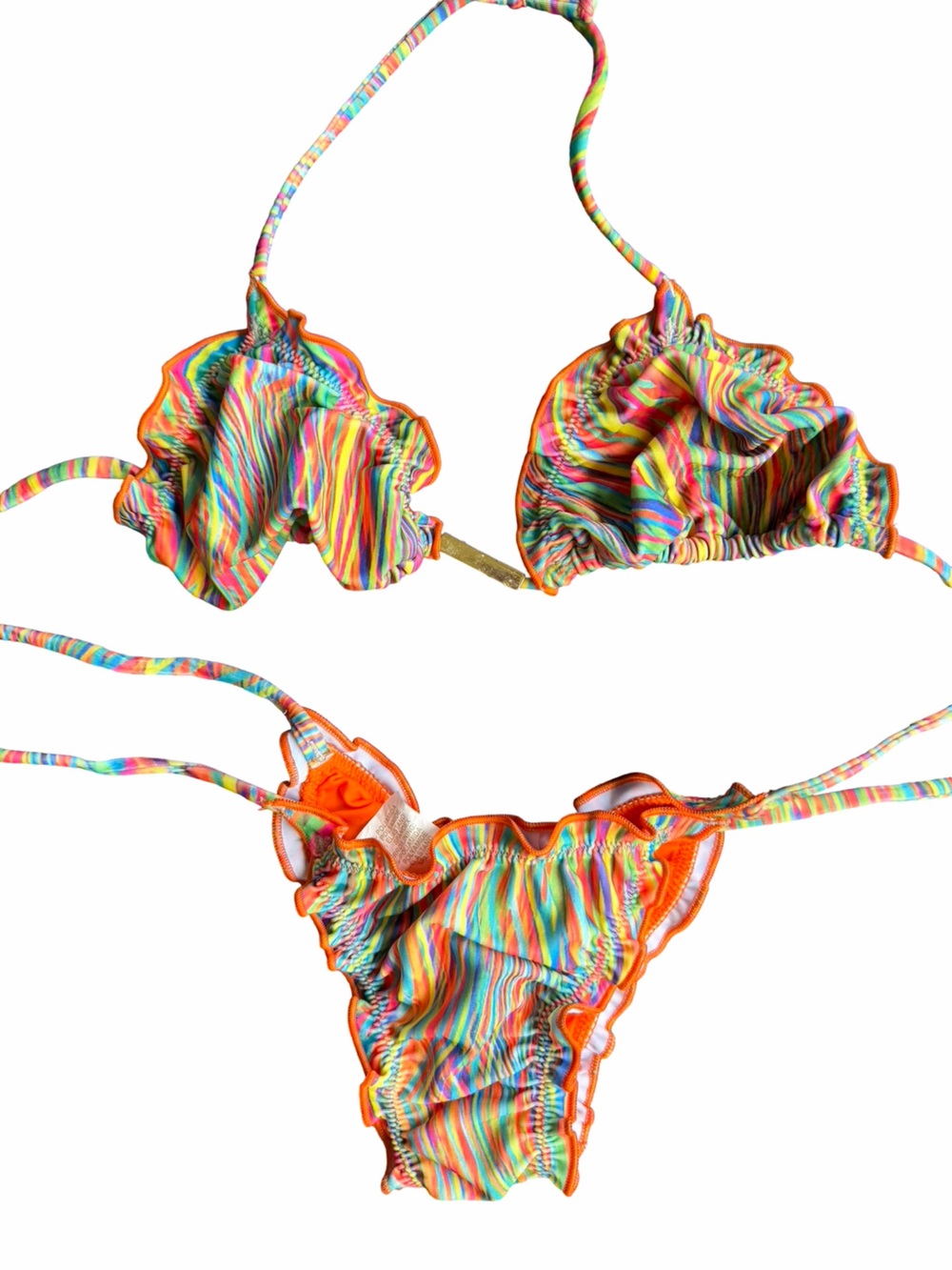 XS Rainbow Striped Brazilian Bikini - Orange Trim